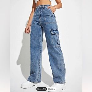 High-waisted Denim Jeans With Baggy Fit and Side Cargo Pockets Size M/6